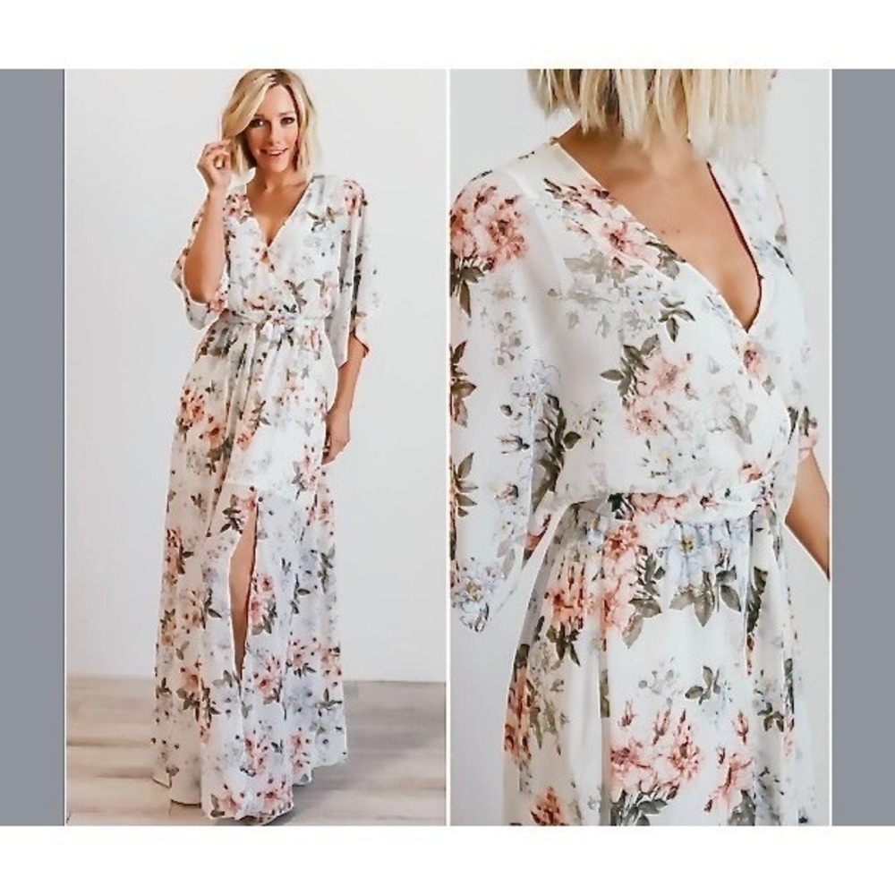 Baltic Born Kia Floral Kimono Maxi Dress LARGE White Pink Bohemian Feminine